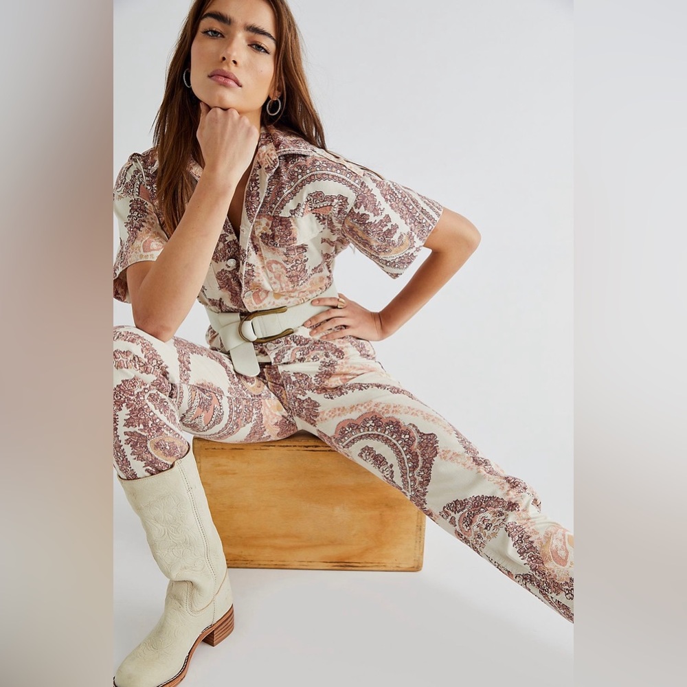 Free People Marci Printed Coverall-Khaki combo